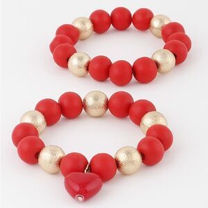 Gold Red Double Heart Beaded Bracelet